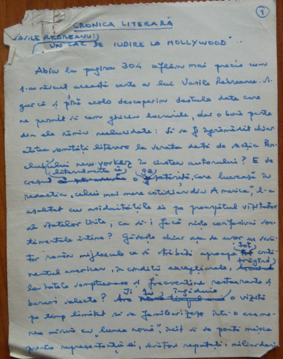 Manuscris al lui Ovidiu S. Crohmalniceanu, Cronica literara, 9 pagini