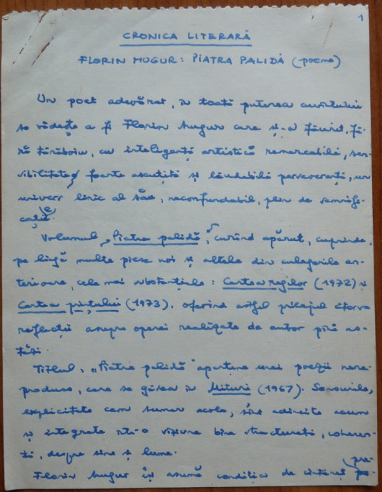 Manuscris al lui Ovidiu S. Crohmalniceanu, Cronica literara, 10 pagini