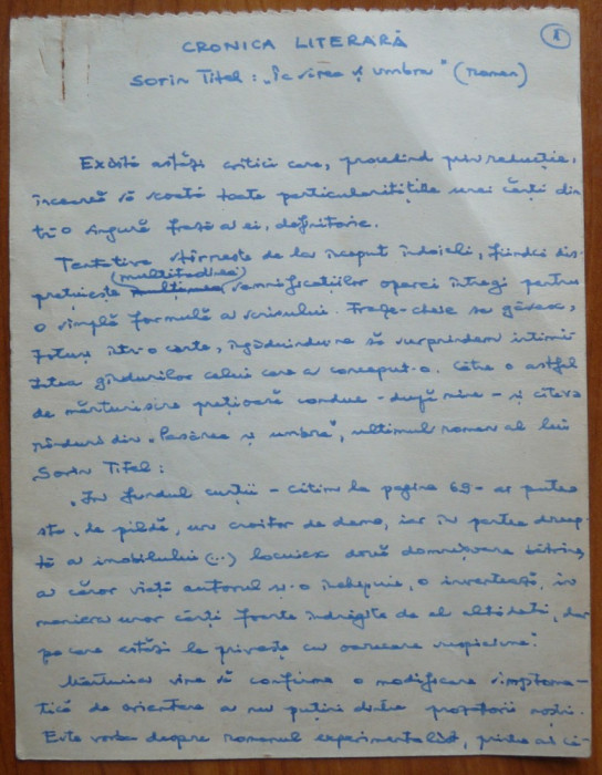 Manuscris al lui Ovidiu S. Crohmalniceanu, Cronica literara, 9 pagini