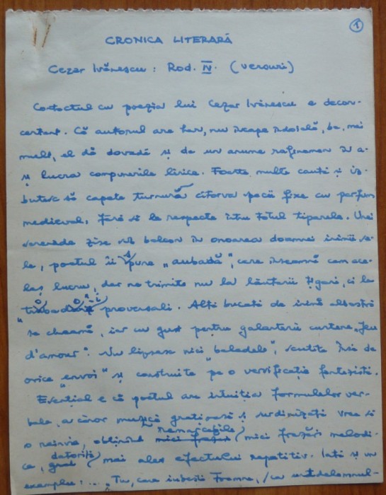 Manuscris al lui Ovidiu S. Crohmalniceanu, Cronica literara, 7 pagini