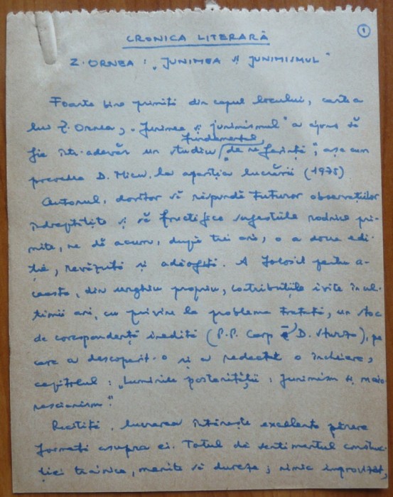 Manuscris al lui Ovidiu S. Crohmalniceanu, Cronica literara, Z. Ornea, 13 pagini