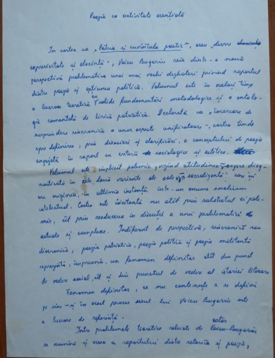 Manuscris Sultana Craia, Targoviste, Poezia ca activitate esentiala, eseu