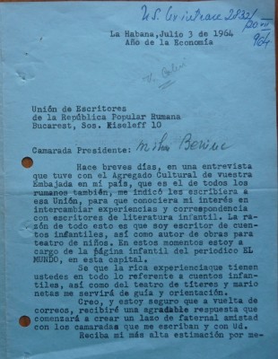 Scrisoare a scriitorului cubanez Juan Ramos catre Mihai Beniuc, 1964 foto