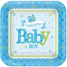 8 Farfurii Botez patrate 18cm Welcome Little One Boy foto