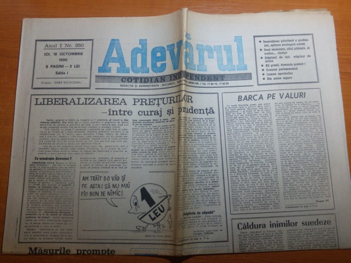 ziarul adevarul 18 octombrie 1990- art. liberarizarea preturilor