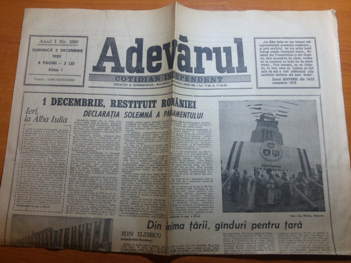 ziarul adevarul 2 decembrie 1990-art. 1 decembrie restituit romanilor