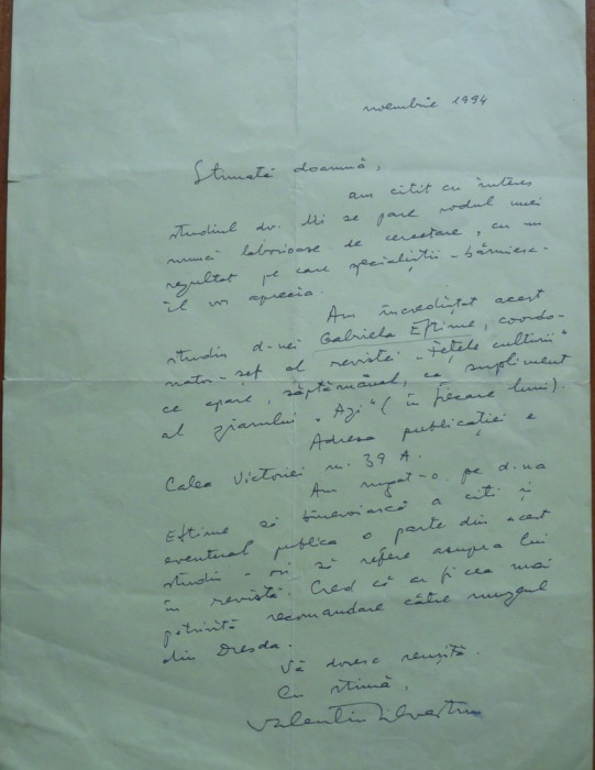 Scrisoare a lui Valentin Sivestru , 1964