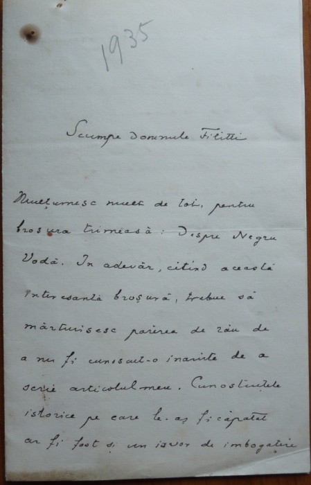Scrisoare General Grigore Costandache catre I. C. Filitti si viceversa, 1935