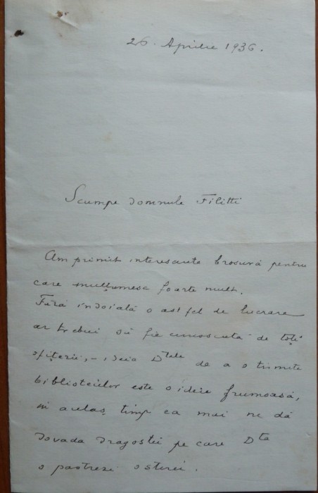 Scrisoare a Generalului Constandache catre I. C. Filitti, 1936