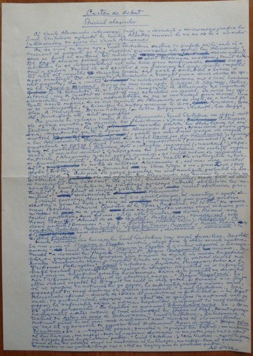 Manuscris al criticului si scriitorului Alexandru Piru, Cartea de debut, Studiul clasicilor