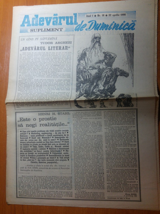 ziarul adevarul de duminica 22 aprilie 1990-art. despre tudor arghezi