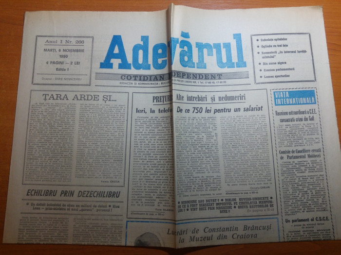 ziarul adevarul 6 noiembrie 1990-lucrarile lui brancusi la muzeul din craiova