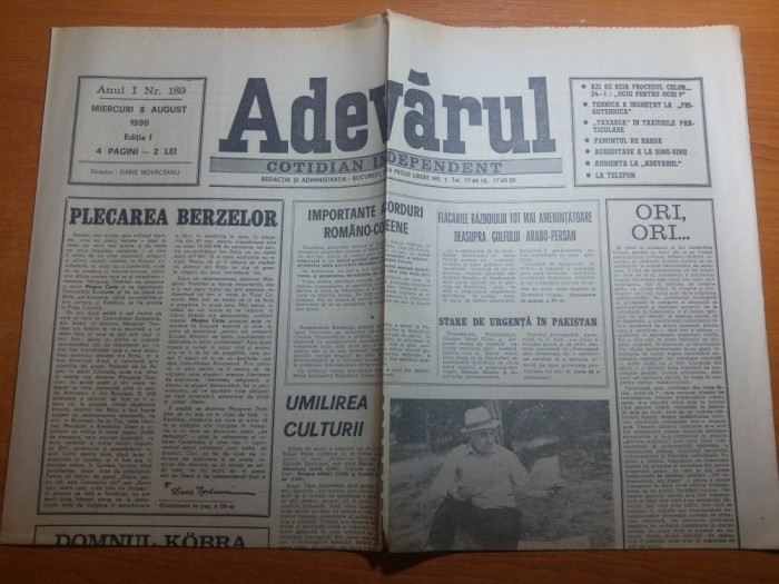 ziarul adevarul 8 august 1990-articolul despre razboiul din golf