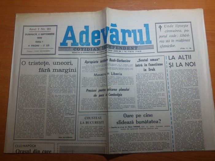 ziarul adevarul 2 septembrie 1990-articol despre orasul cluj -napoca