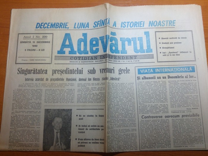 ziarul adevarul 15 decembrie 1990-interviu cu presedintele romaniei ion iliescu