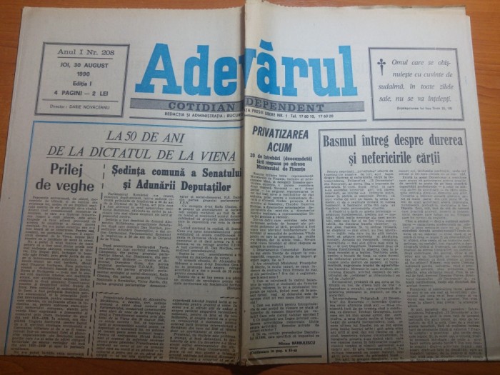 ziarul adevarul 30 august 1990- 50 de ani da la dictatul de la viena