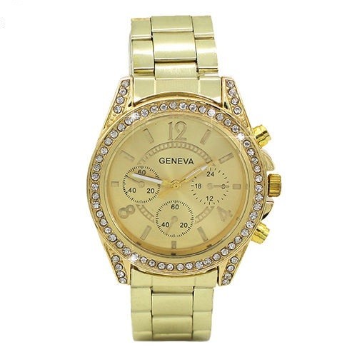 Ceas dama auriu gold GENEVA II curea metalica cristale + cutie simpla cadou foto mare Ceas dama auriu gold GENEVA II curea metalica cristale + cutie simpla cadou foto mare