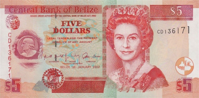 BELIZE █ bancnota █ 5 Dollars █ 2002 █ P-61b █ UNC █ necirculata