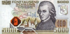 AUSTRIA ? bancnota ? 5000 Schilling ? 1988 ? P-153 ? UNC ? necirculata foto