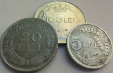 Lot/Set Monede 5 lei- 1942 20 lei- 1944 100 Lei- Romania 1943+1944 *cod 2108 foto