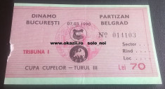 Bilet DINAMO BUCURESTI - PARTIZAN BELGRAD 1989-1990 Cupa Cupelor Fotbal foto