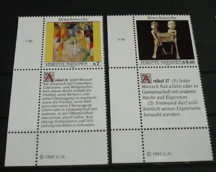 ONU VIENA 1991 &ndash; ARTICOLELE 17 si 18 DREPTURILE OMULUI, serie MNH, A30