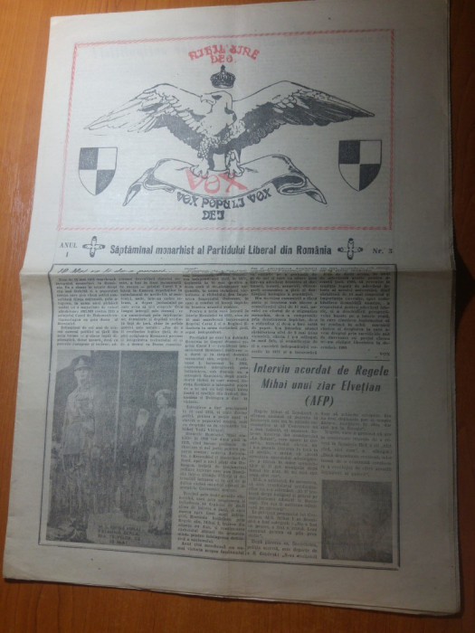 ziarul &quot; vox &quot; saptamanal monarhist al PLR din mai 1990-interviu cu regele mihai