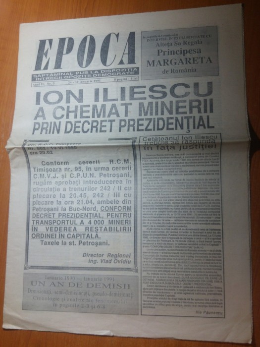 ziarul epoca 24-30 ianuarie 1991-iliescu a chemat minerii prin decret