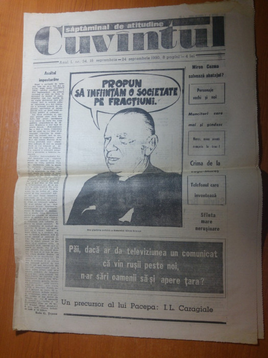 ziarul cuvantul 24 septembrie 1990- articol despre silviu brucan
