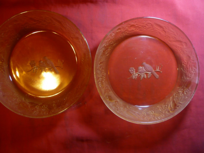 2 Castronele din sticla decorate in relief cu pasarele , d= 19,5 cm