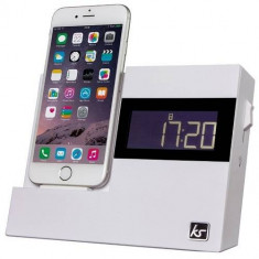 Incarcator telefon KitSound Stand de birou XDock3 pentru incarcare Lightning cu ceas si radio FM, Alb foto