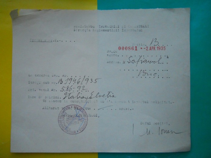 HOPCT DOCUMENT VECHI 55 - MINISTERUL INDUSTRIEI COMERT EXTERIOR /BUCURESTI 1936