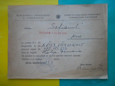 HOPCT DOCUMENT VECHI 44 - MINISTERUL INDUSTRIEI COMERT EXTERIOR /BUCURESTI 1936 foto