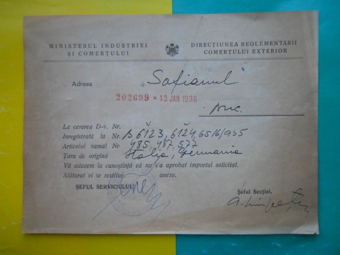 HOPCT DOCUMENT VECHI 44 - MINISTERUL INDUSTRIEI COMERT EXTERIOR /BUCURESTI 1936
