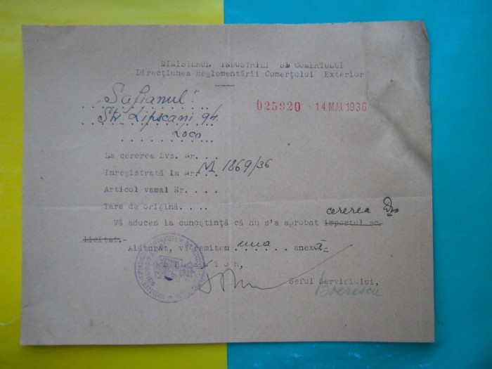 HOPCT DOCUMENT VECHI 60 - MINISTERUL INDUSTRIEI COMERT EXTERIOR /BUCURESTI 1936
