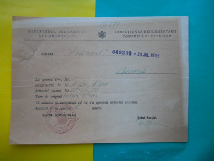 HOPCT DOCUMENT VECHI 63 - MINISTERUL INDUSTRIEI COMERT EXTERIOR /BUCURESTI 1935