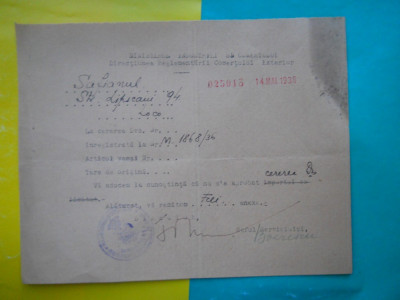 HOPCT DOCUMENT VECHI 59 - MINISTERUL INDUSTRIEI COMERT EXTERIOR /BUCURESTI 1936 foto