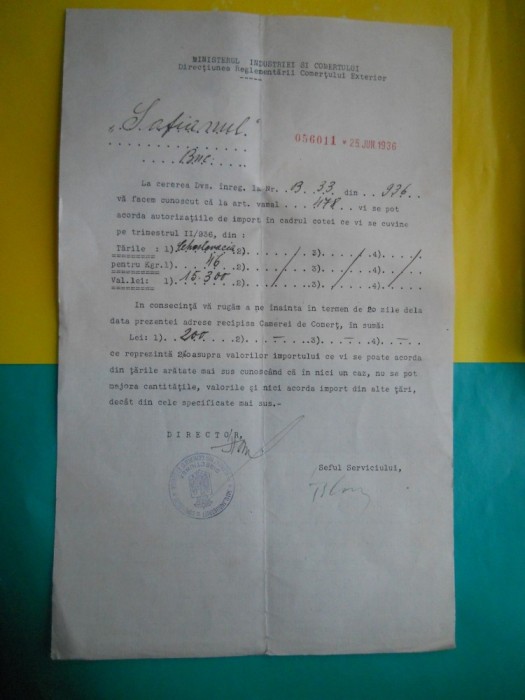 HOPCT DOCUMENT VECHI 13-MINISTERUL INDUSTRIEI SI COMERTULUI EXT. BUCURESTI 1936