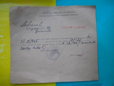 HOPCT DOCUMENT VECHI 58 - MINISTERUL INDUSTRIEI COMERT EXTERIOR /BUCURESTI 1936 foto