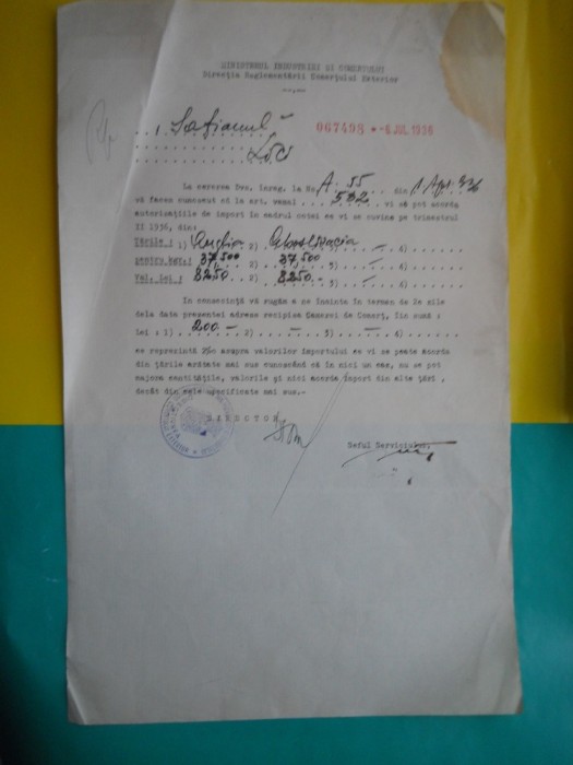 HOPCT DOCUMENT VECHI 17-MINISTERUL INDUSTRIEI SI COMERTULUI EXT. BUCURESTI 1936