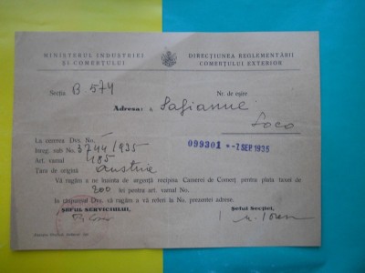 HOPCT DOCUMENT VECHI 64 - MINISTERUL INDUSTRIEI COMERT EXTERIOR /BUCURESTI 1935 foto