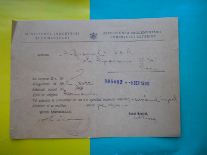 HOPCT DOCUMENT VECHI 66 - MINISTERUL INDUSTRIEI COMERT EXTERIOR /BUCURESTI 1935