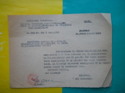 HOPCT DOCUMENT VECHI 30 -MINISTERUL FINANTELOR AFACERI AUTOMOBILE/BUCURESTI 1945 foto