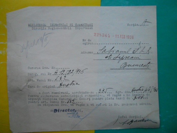 HOPCT DOCUMENT VECHI 34- MINISTERUL INDUSTRIEI COMERT EXTERIOR /BUCURESTI 1936
