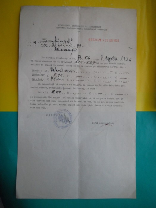 HOPCT DOCUMENT VECHI 14-MINISTERUL INDUSTRIEI SI COMERTULUI EXT. BUCURESTI 1936