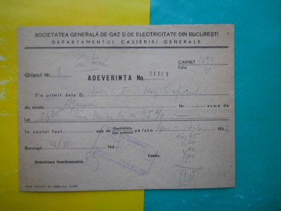 HOPCT DOCUMENT VECHI 29 -SOCIETATEA GENERALA GAZ ELECTRICITATE BUCURESTI 1947 foto