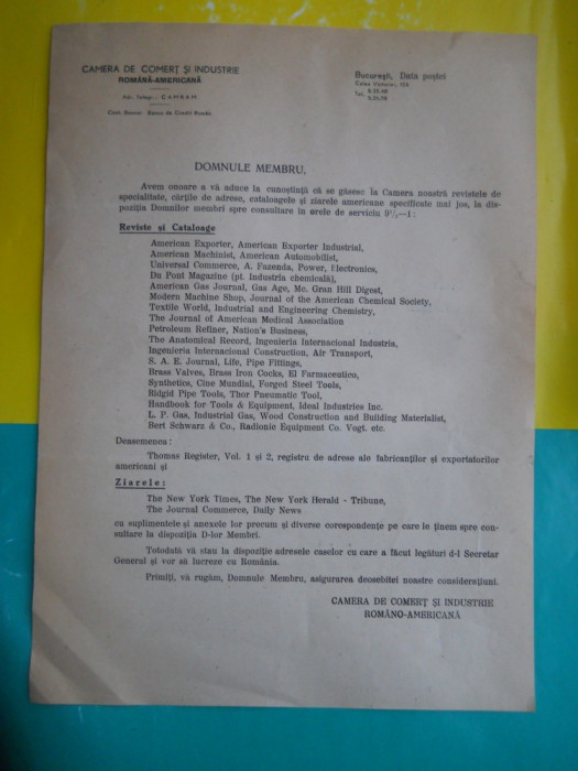 HOPCT DOCUMENT VECHI 37 -CAMERA DE COMERT INDUSTRIE ROMANO-AMERIC/BUCURESTI