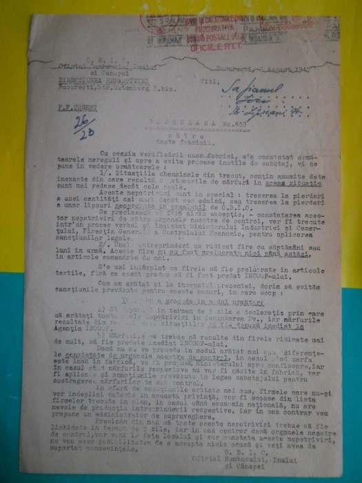 HOPCT DOCUMENT VECHI 4 -OFICIUL BUMBACULUI ,INULUI SI CANEPEI BUCURESTI 1947