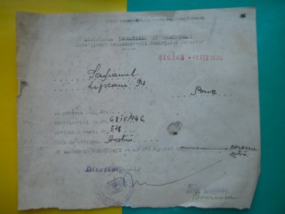 HOPCT DOCUMENT VECHI 53 - MINISTERUL INDUSTRIEI COMERT EXTERIOR /BUCURESTI 1936 foto
