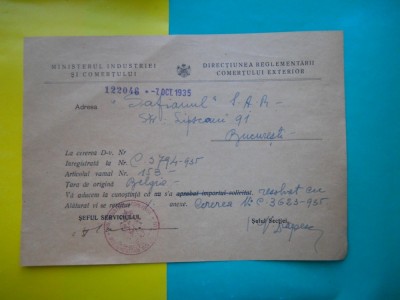 HOPCT DOCUMENT VECHI 67 - MINISTERUL INDUSTRIEI COMERT EXTERIOR /BUCURESTI 1935 foto